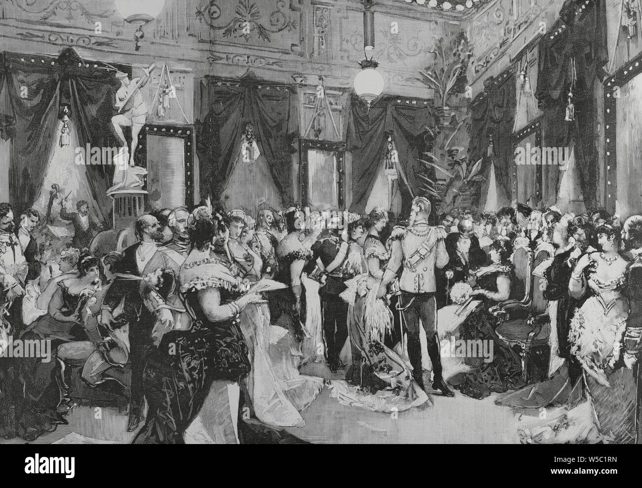 El príncipe heredero Friedrich Wilhelm Nikolaus Karl von Preuben (1831-1888), futuro Federico III de Alemania, de visita a Madrid, España. Festeggiamenti en onore del príncipe Imperial de Alemania. Recepción en la Casa de la Villa. Aspecto del salón principal, en la noche del 2 de diciembre de 1883. Dibujo del naturale Ferrant por. Grabado por Bernardo Rico (1825-1894). La Ilustración Española y Americana, 15 de diciembre de 1883. Foto Stock