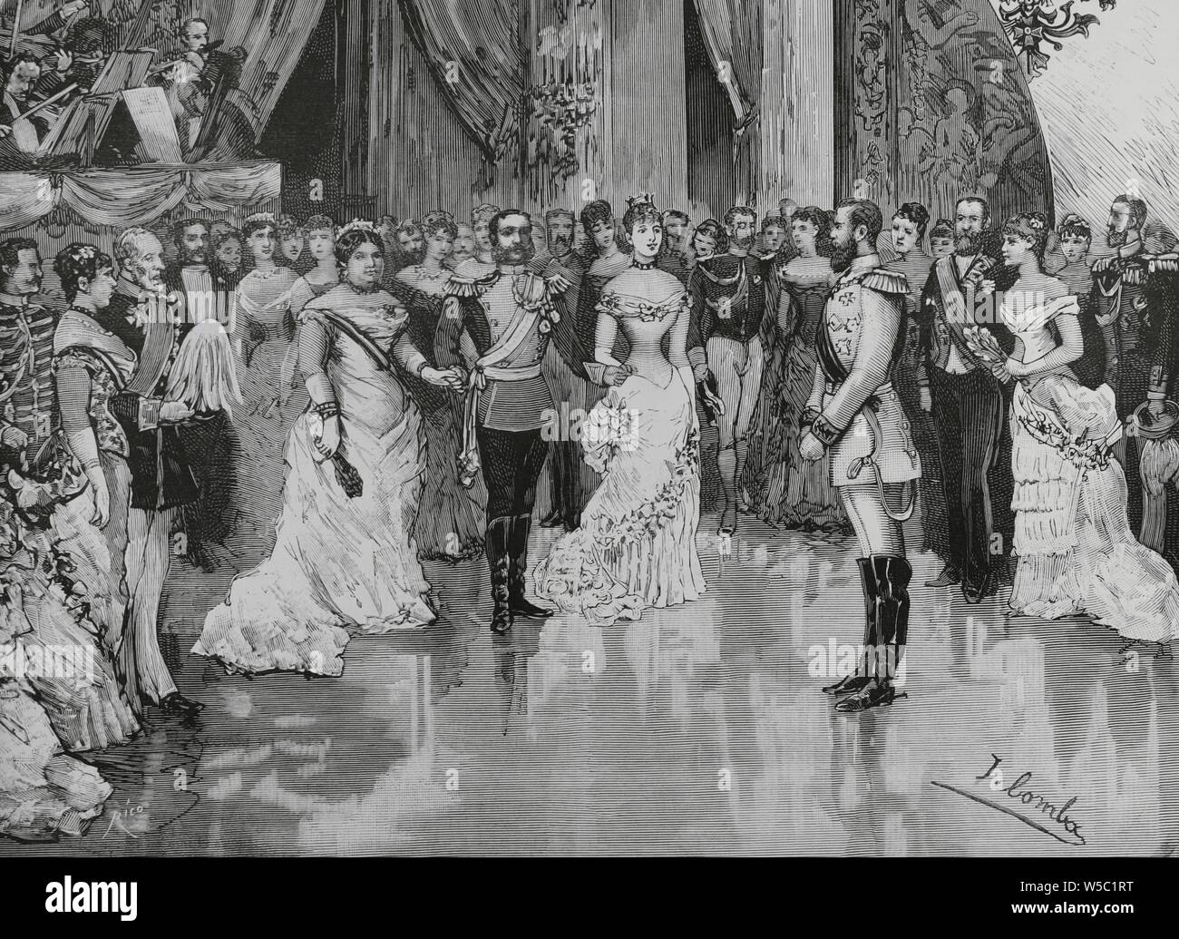 El príncipe heredero Friedrich Wilhelm Nikolaus Karl von Preuben (1831-1888), futuro Federico III de Alemania, de visita a Madrid, España. Baile de corte en la noche del 30 de noviembre de 1883. El rigodón de l'onore. Dibujo del por naturale Comba. Grabado por Rico. La Ilustración Española y americana, 8 de diciembre de 1883. Foto Stock