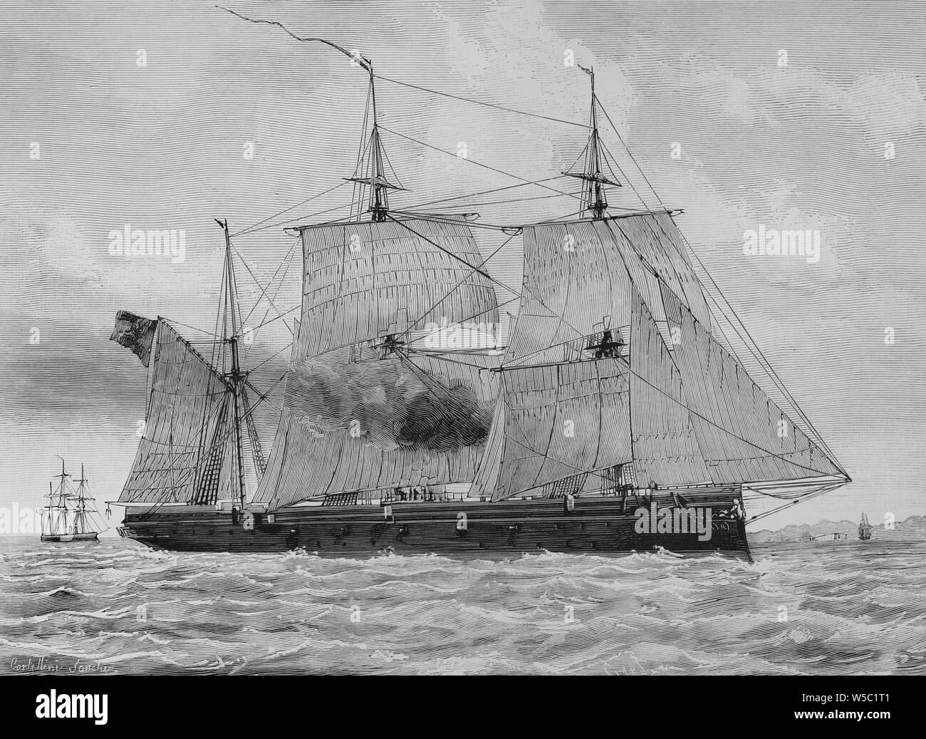 Marina Imperiale (Alemana Kaiserliche Marine). La corbeta "Prinz Adalberto', en la que realizó su viaje desde Génova a Valencia, el príncipe heredero de Alemania, Friedrich Wilhelm Nikolaus Karl von Preuben. Dibujo de Cortellini Sánchez. Grabado por Capuz. La Ilustración Española y Americana, 22 de noviembre de 1883. Foto Stock