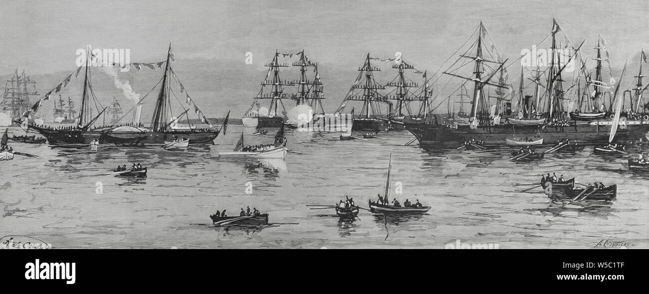 El príncipe heredero Friedrich Wilhelm Nikolaus Karl von Preuben (1831-1888), futuro Federico III de Alemania en su visita a Valencia, España. El príncipe desembarcando imperiale en el puerto del Grao, el 22 de noviembre de 1883. Dibujo por Caula, Onu según croquis de Juan Comba. Grabado por Arturo Carretero (1852-1903). La Ilustración Española y Americana, 30 de noviembre de 1883. Foto Stock