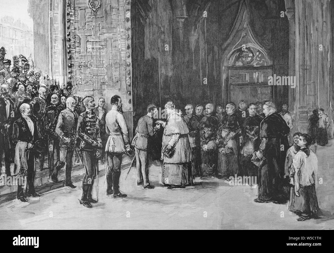 El príncipe heredero Friedrich Wilhelm Nikolaus Karl von Preuben (1831-1888), futuro Federico III de Alemania, de visita a Toledo, España. El Rey de España Alfonso XII y el príncipe imperial de Alemania, visitando la Catedral. El cardenal Moreno y el cabildo recibiendo, en el atrio de la Puerta del Perdón, al Rey Alfonso XII y al príncipe alemán. Visita realizada el 27 de noviembre de 1883. Grabado por Arturo Carretero (1852-1903). La Ilustración Española y americana, 8 de diciembre de 1883. Foto Stock