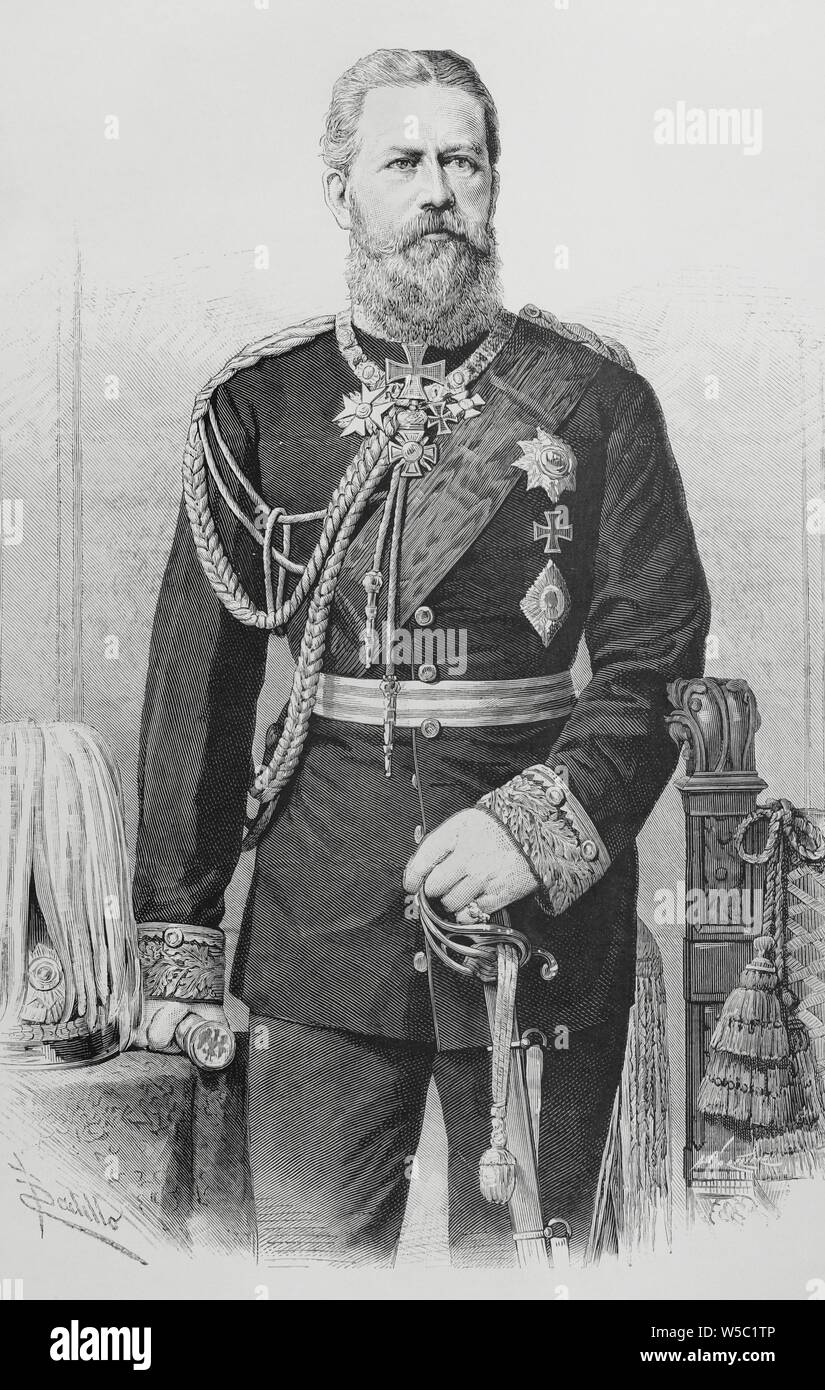 El príncipe heredero Friedrich Wilhelm Nikolaus Karl von Preuben (1831-1888), futuro Federico III de Alemania, segundo emperador de Alemania (Káiser) octavo y Rey de Prusia. Dibujo de Badillo. Grabado por Arturo Carretero (1852-1903). La Ilustración Española y Americana, 22 de noviembre de 1883. Foto Stock