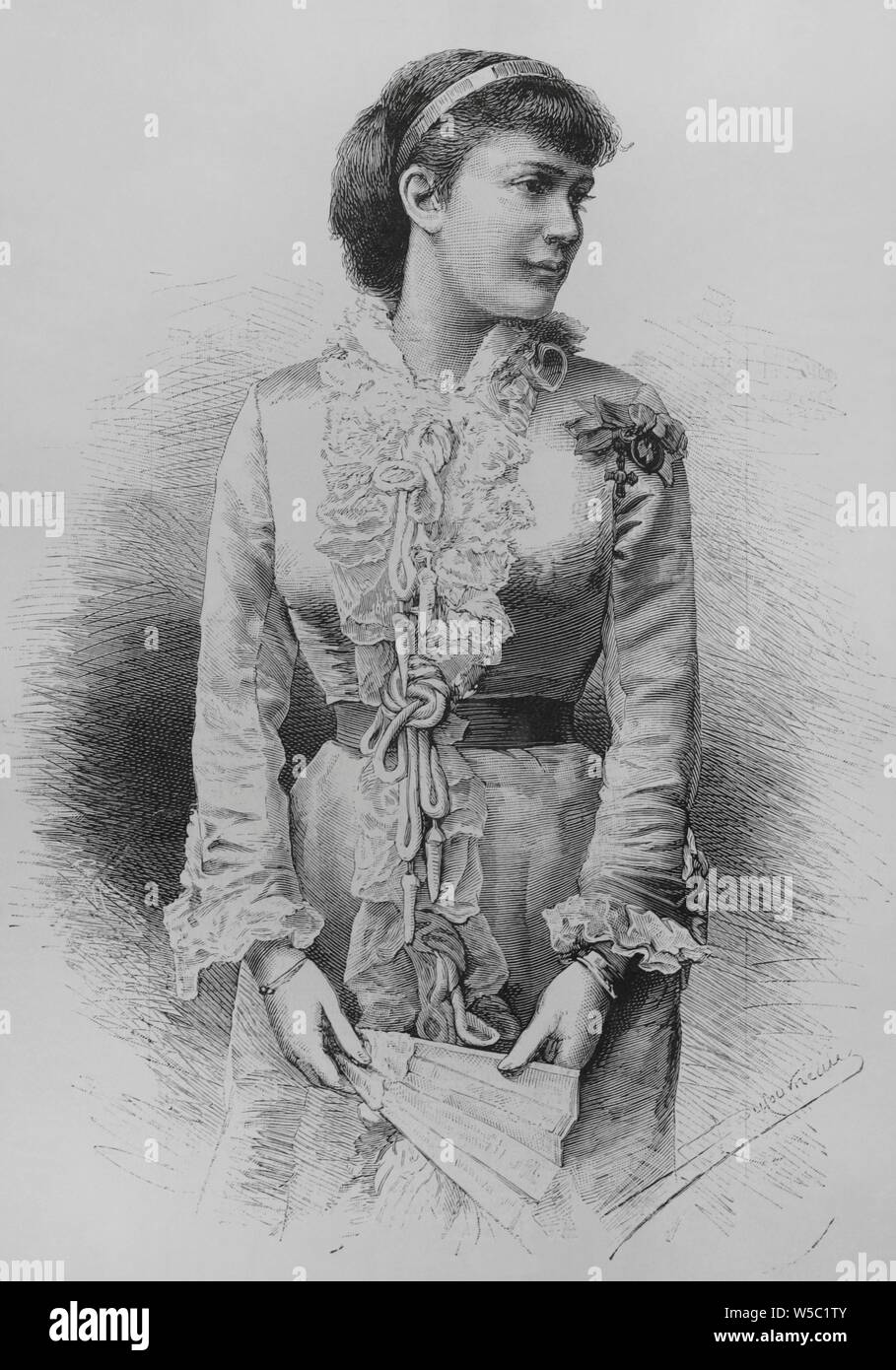 Isabel de Wied (1843-1916). Reina consorte de Rumanía por su matrimonio con el Rey Carlos I. Célebre novelista bajo el seudónimo de Carmen Sylva. Grabado. La Ilustración Española y Americana, 22 de julio de 1883. Foto Stock