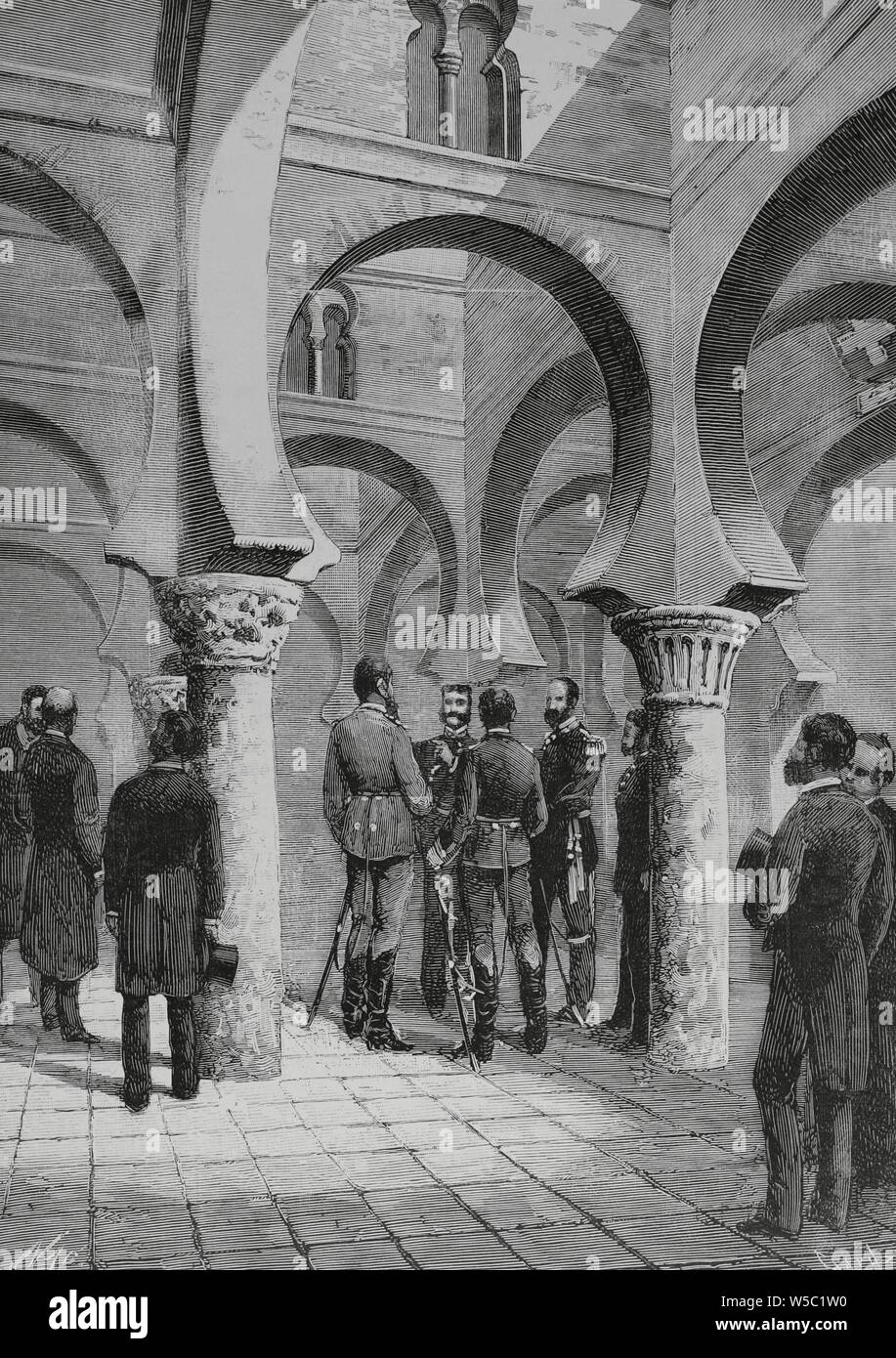 El príncipe heredero Friedrich Wilhelm Nikolaus Karl von Preuben (1831-1888), futuro Federico III de Alemania, de visita a Toledo, España. El Rey de España Alfonso XII y el príncipe imperial de Alemania, en la Iglesia de Santa María la Blanca duranti la visita realizada el 27 de noviembre de 1883 a Toledo. Dibujo por Nao. Grabado por Tomás Carlos Capuz (1834-1899). La Ilustración Española y americana, 8 de diciembre de 1883. Foto Stock