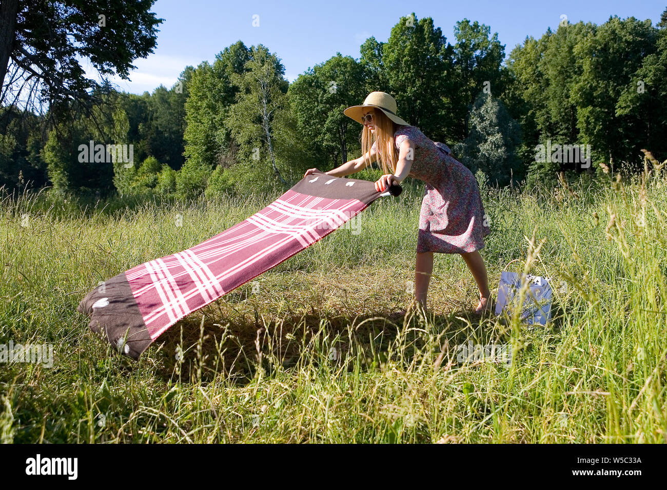 Una ragazza sulla natura si diffonde un velo. Vacanziere in estate il parco. Foto Stock