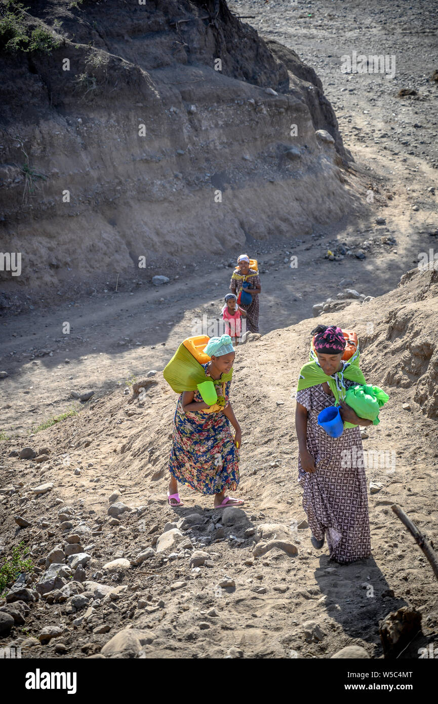 Un gruppo di donne di trasportare contenitori di acqua sul loro retro fino un polveroso hillside, Debre Berhan, Etiopia Foto Stock