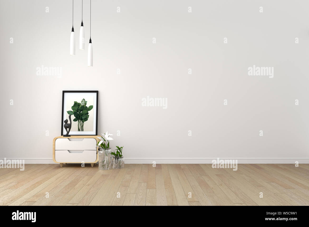Giapponese - Living Room interior sulla parete bianca e vuota di sfondo - design minimal, rendering 3D Foto Stock