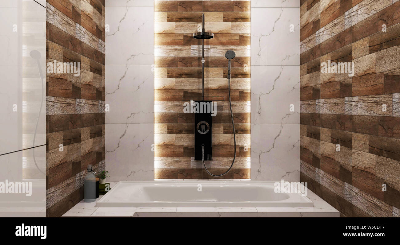 Bagno Piastrelle in legno e piastrelle in granito design con vasca e di una doccia. Il rendering 3D Foto Stock