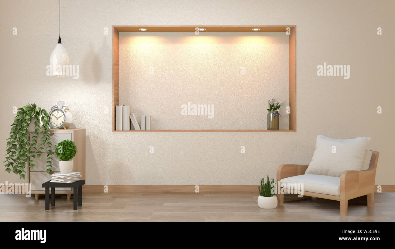 Zen soggiorno parete bianca e vuota sfondo con decorazione in stile giappone design delle luci verso il basso sulla parete della mensola. Il rendering 3D Foto Stock