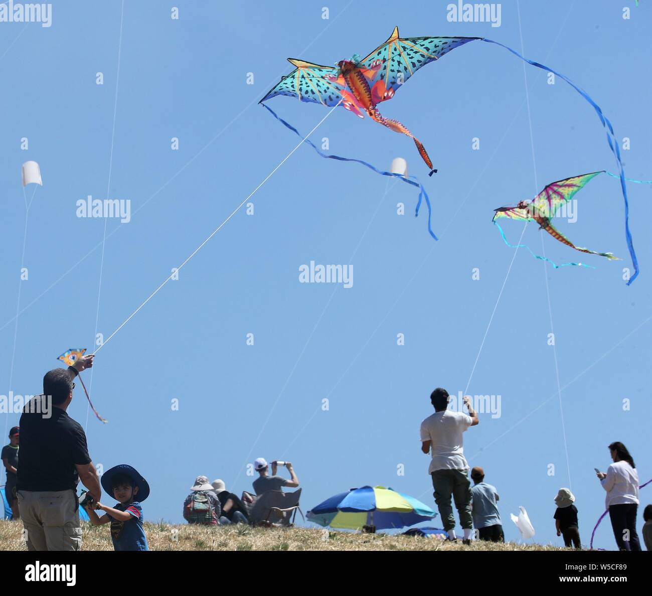 In California, Stati Uniti d'America. 27 Luglio, 2019. La gente volare Kites durante il XXXIV Berkeley Kite Festival di Berkeley, California, Stati Uniti, 27 luglio 2019. Credito: Xinhua/Alamy Live News Foto Stock