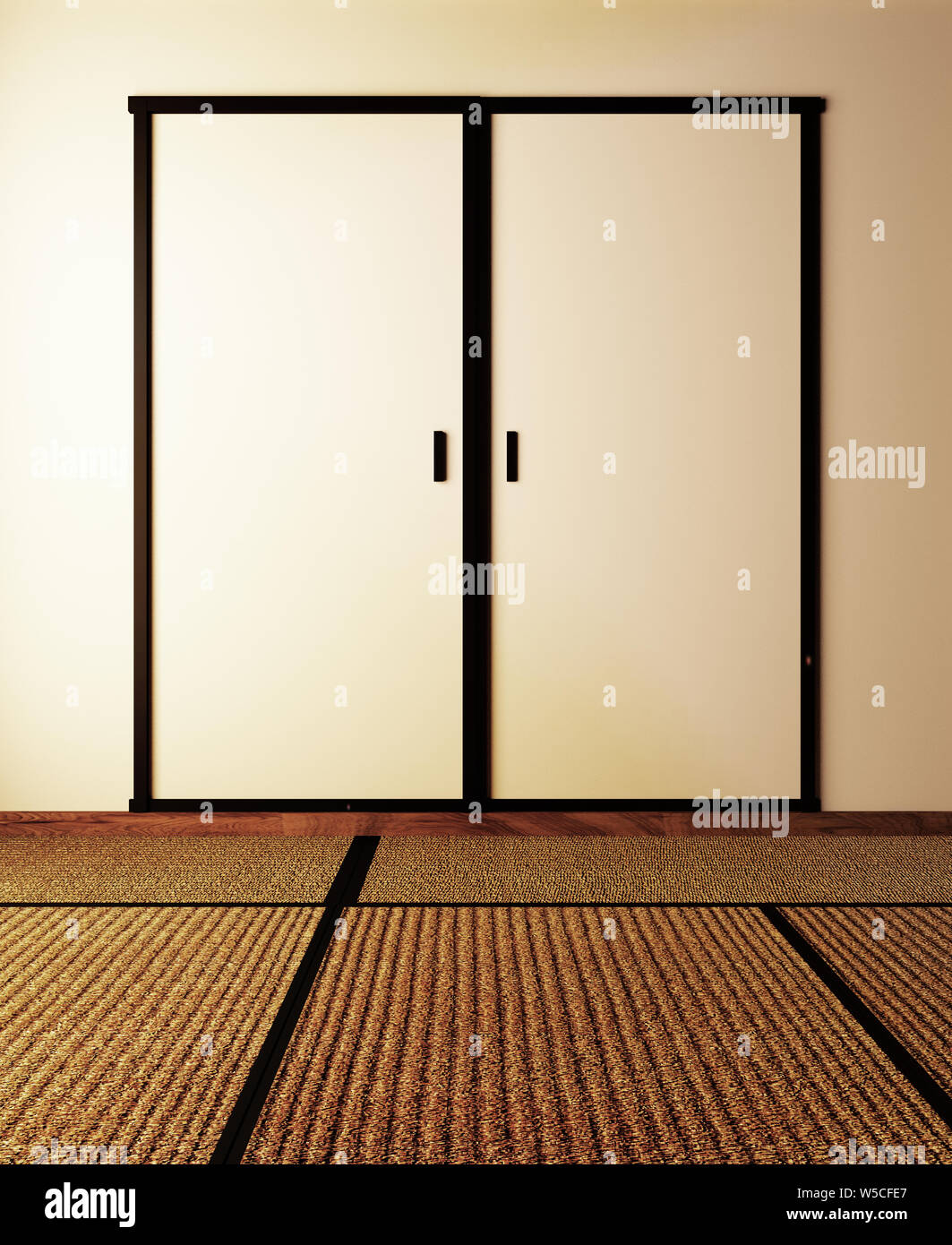 Porta e tatami sulla parete di sfondo vuoto in stile Giapponese. Il rendering 3D Foto Stock