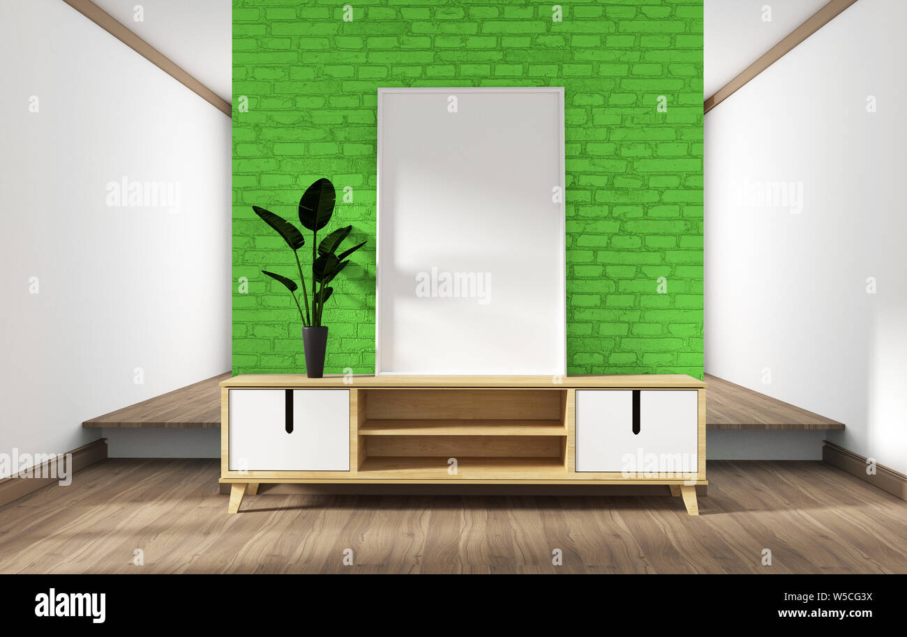 Cabinet, design moderno soggiorno verde con un muro di mattoni su bianco con pavimento in legno. Il rendering 3D Foto Stock