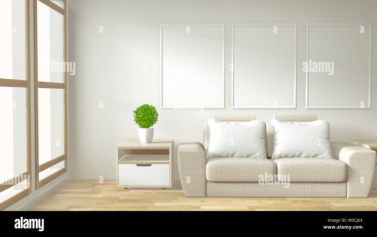 Interno del fotogramma poster mock up soggiorno con divano bianco camera dal design minimale. Il rendering 3D. Foto Stock