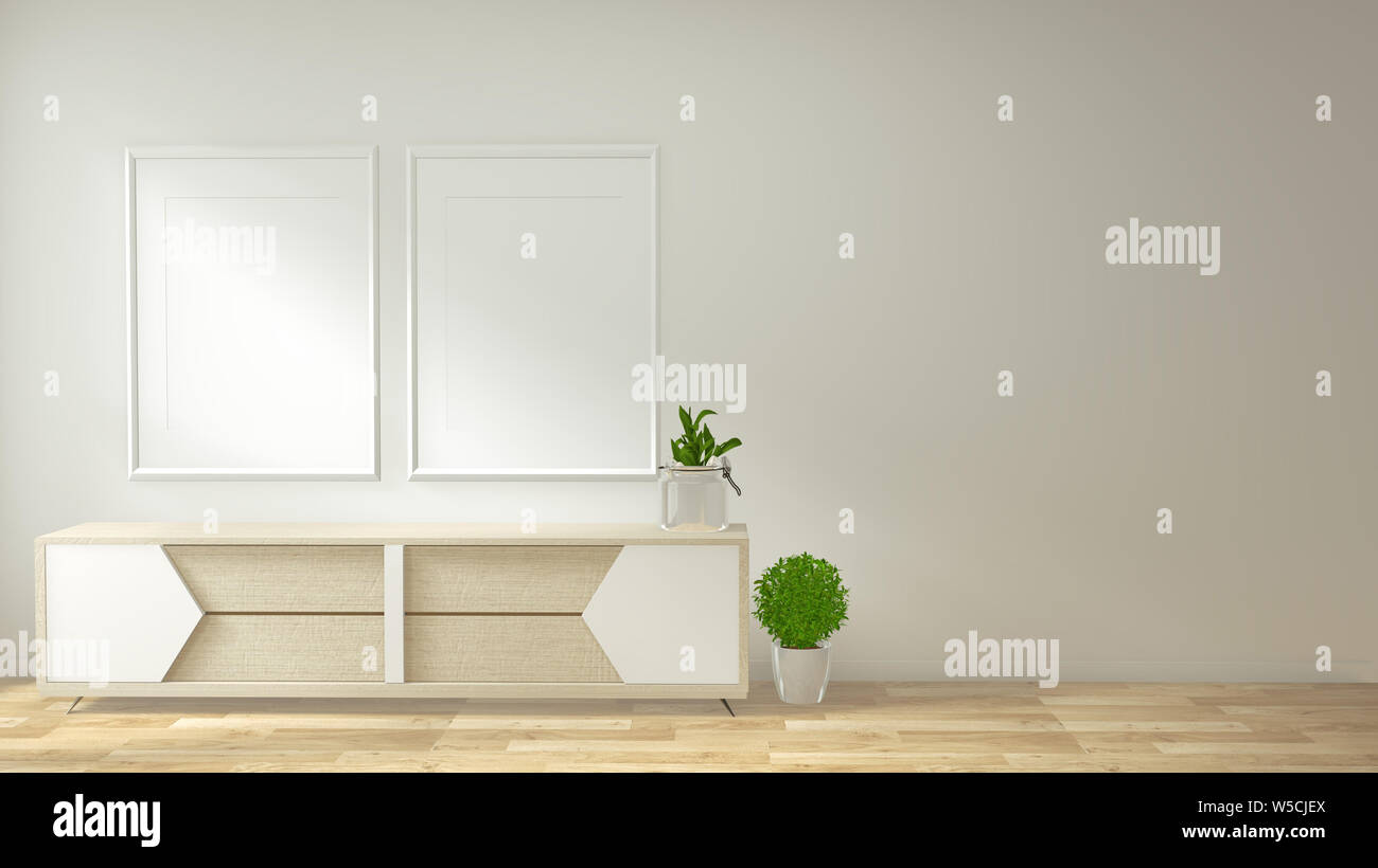 Interno del fotogramma poster mock up soggiorno con divano bianco camera dal design minimale. Il rendering 3D. Foto Stock