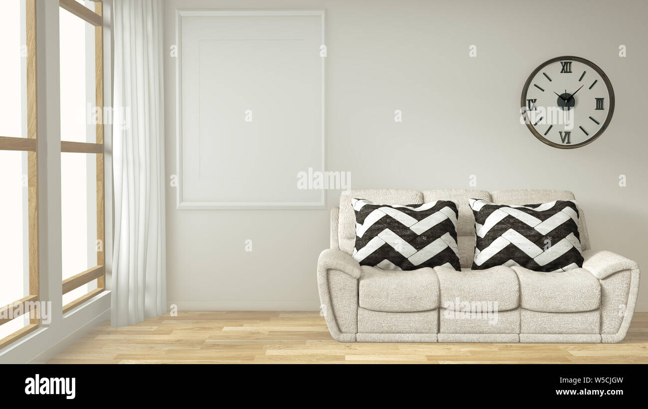 Interno del fotogramma poster mock up soggiorno con divano bianco camera dal design minimale. Il rendering 3D. Foto Stock