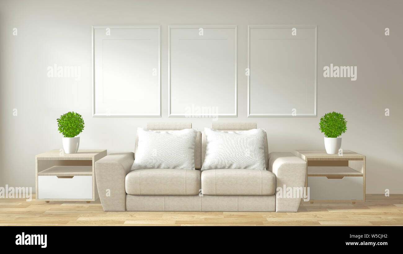 Interno del fotogramma poster mock up soggiorno con divano bianco camera dal design minimale. Il rendering 3D. Foto Stock