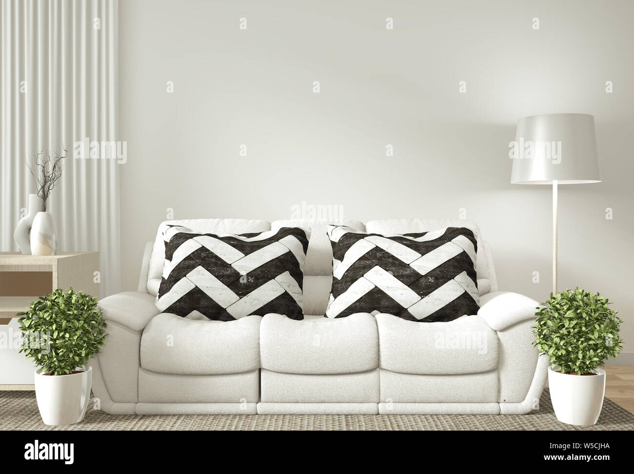 Interno del fotogramma poster mock up soggiorno con divano bianco camera dal design minimale. Il rendering 3D. Foto Stock