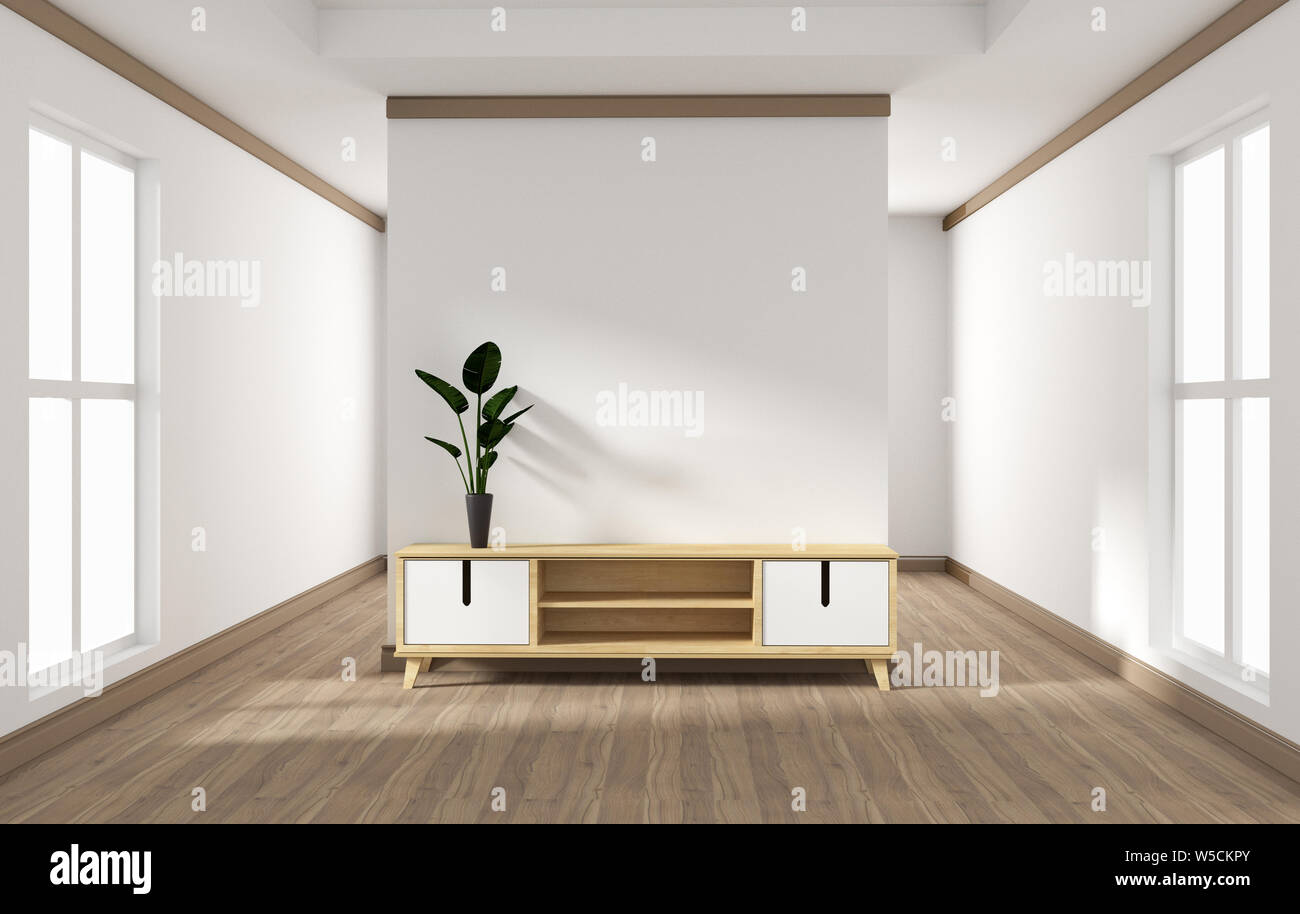 Cabinet, design moderno soggiorno con muro bianco su bianco con pavimento in legno. Il rendering 3D Foto Stock