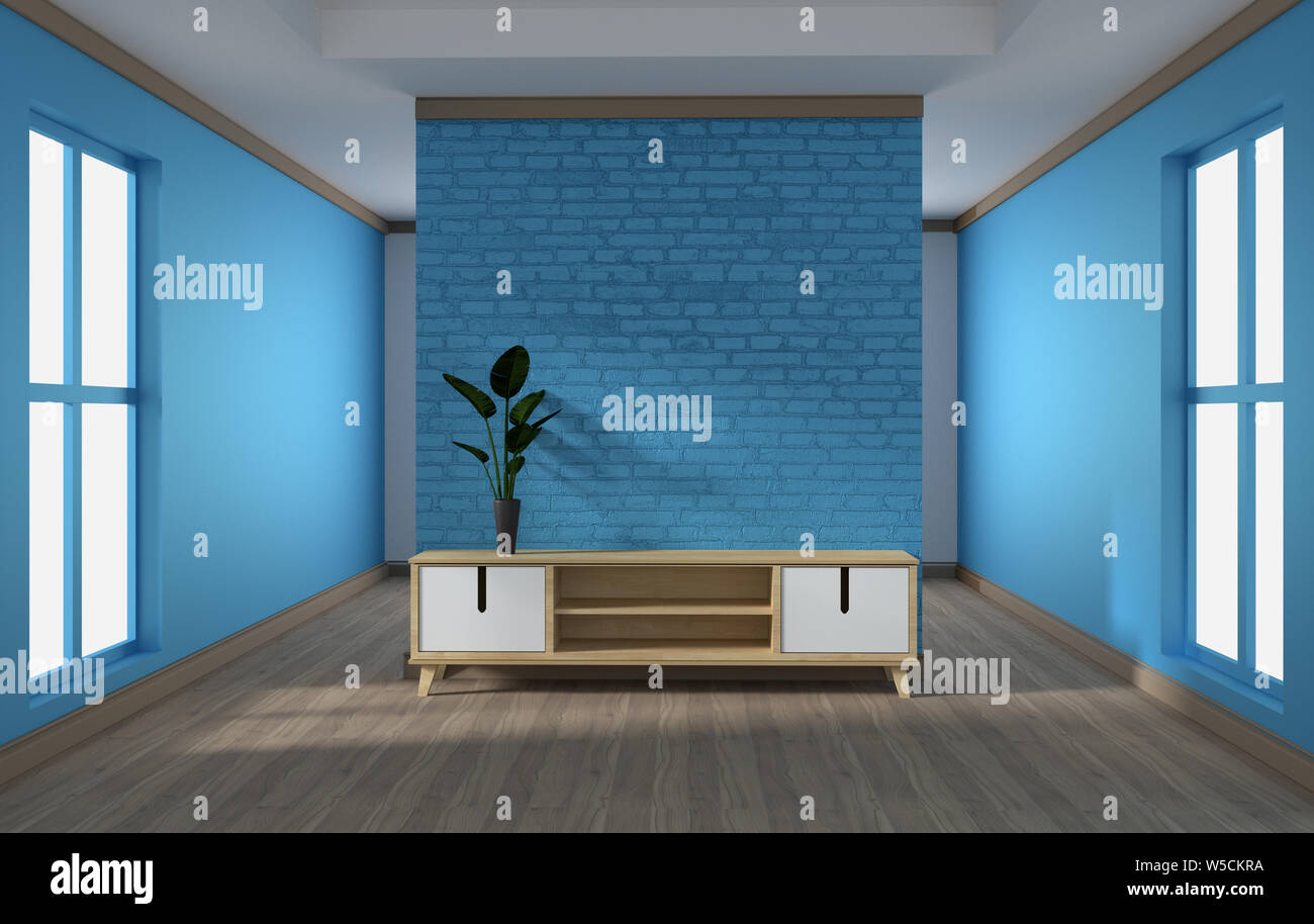 Cabinet, design moderno soggiorno blu con un muro di mattoni su bianco con pavimento in legno. Il rendering 3D Foto Stock