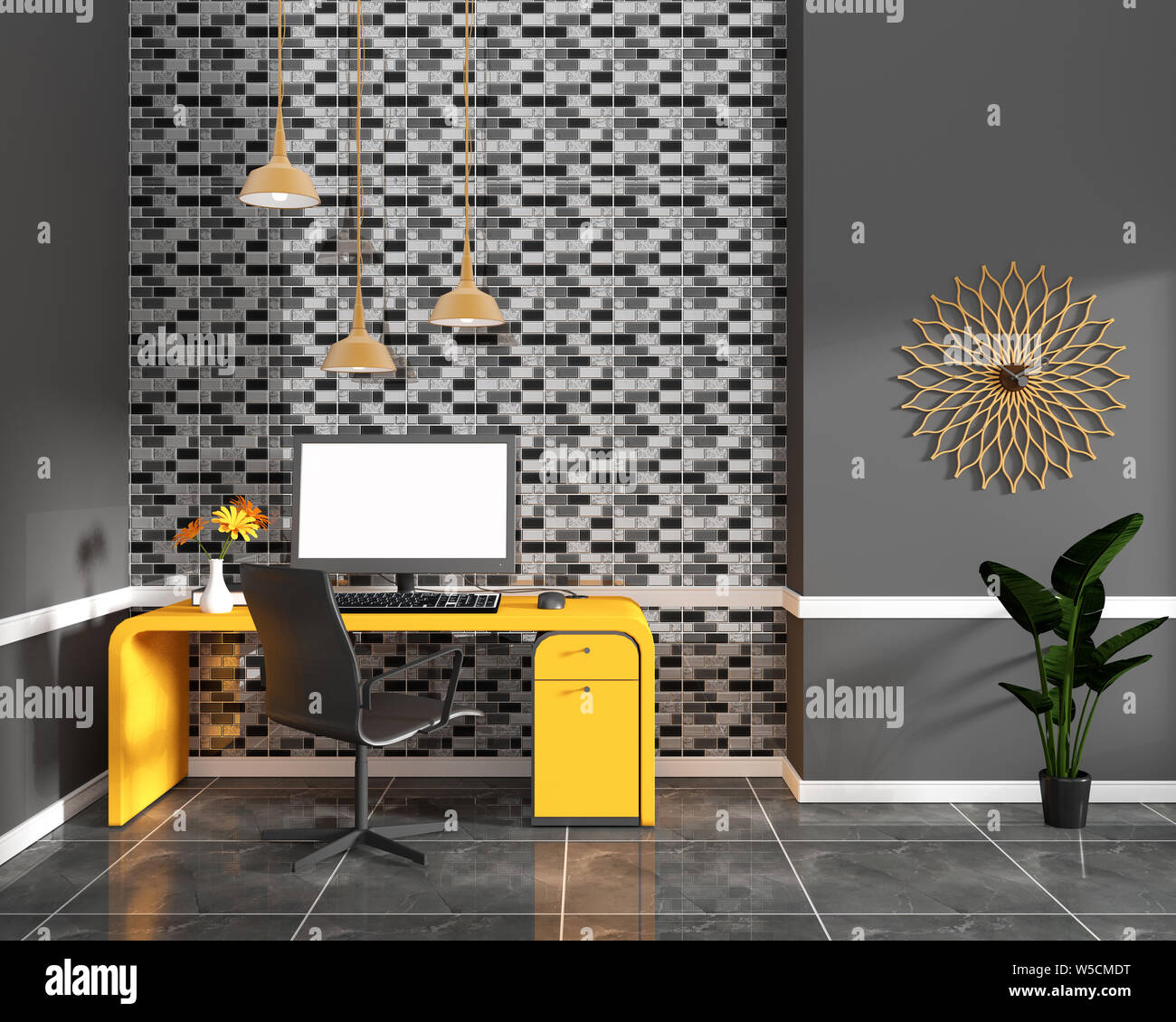Nero piastrella Mosaico design della parete su granito Nero tegola in laboratorio ufficio con computer e decorazione. Il rendering 3D Foto Stock