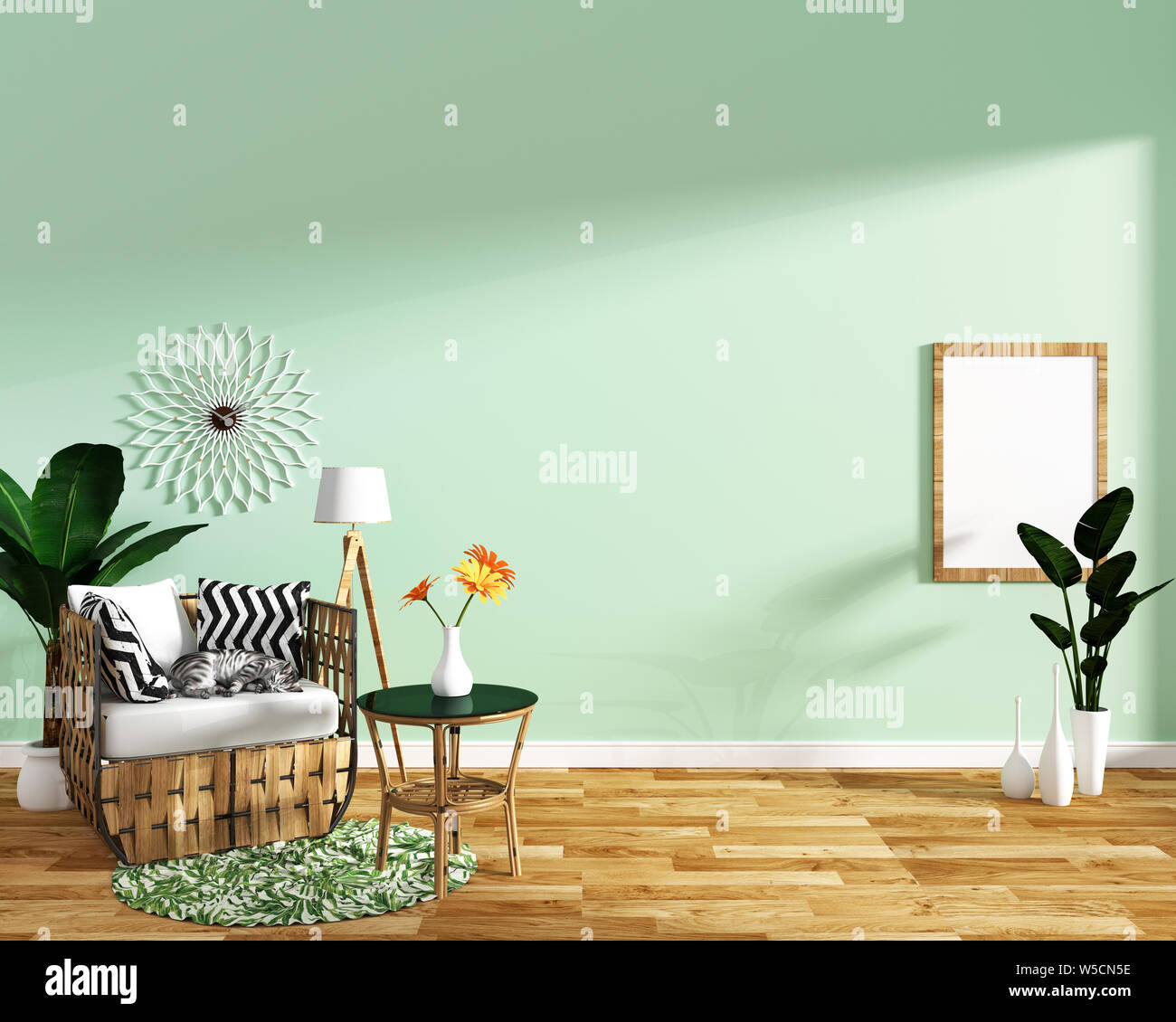 La vita moderna sala interna con poltrona decorazione e piante verdi sulla piastrella di menta texture di sfondo parete,design minimal, rendering 3d. Foto Stock