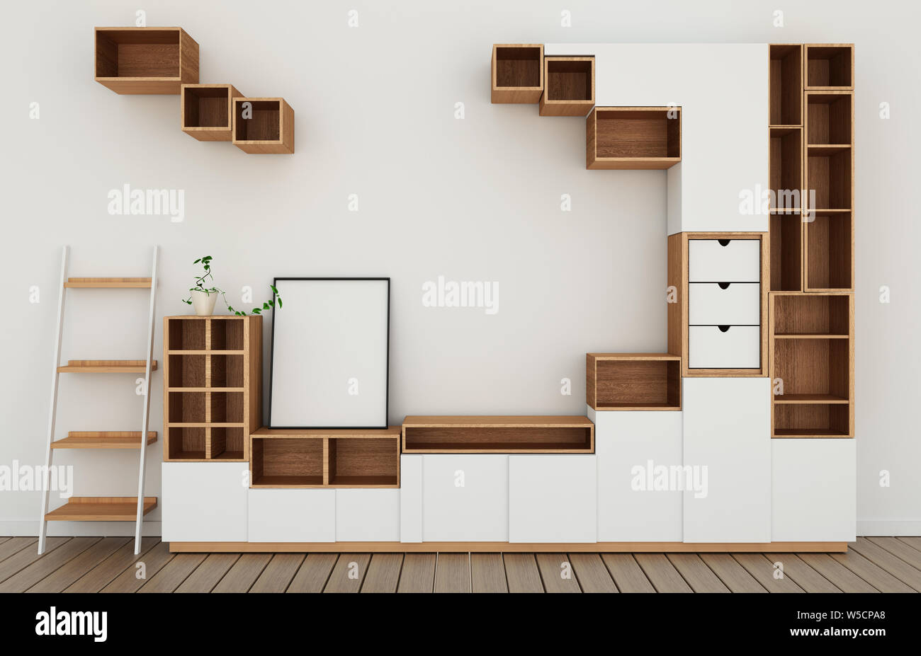 Design Cabinet mockup nella moderna sala vuota,bianco pavimento in legno bianco sulla parete della camera in stile giapponese.il rendering 3D Foto Stock