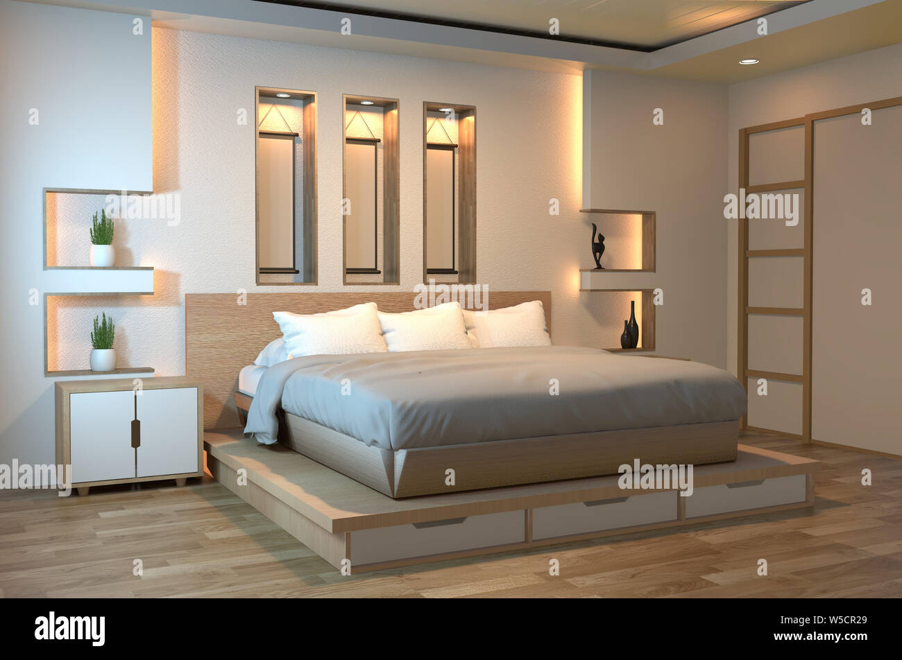 Zen moderno camera tranquilla. Giappone camera da letto in stile con la  parete della mensola design luce nascosta e decorazione in stile giapponese.il  rendering 3D Foto stock - Alamy