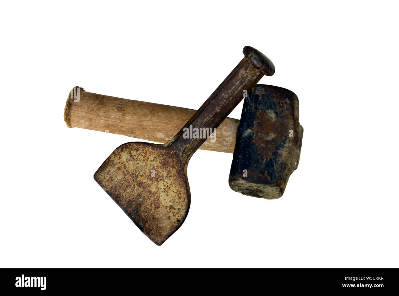 Tagliare mattoni mattoni e utensili di taglio isolato su uno sfondo bianco. Foto Stock