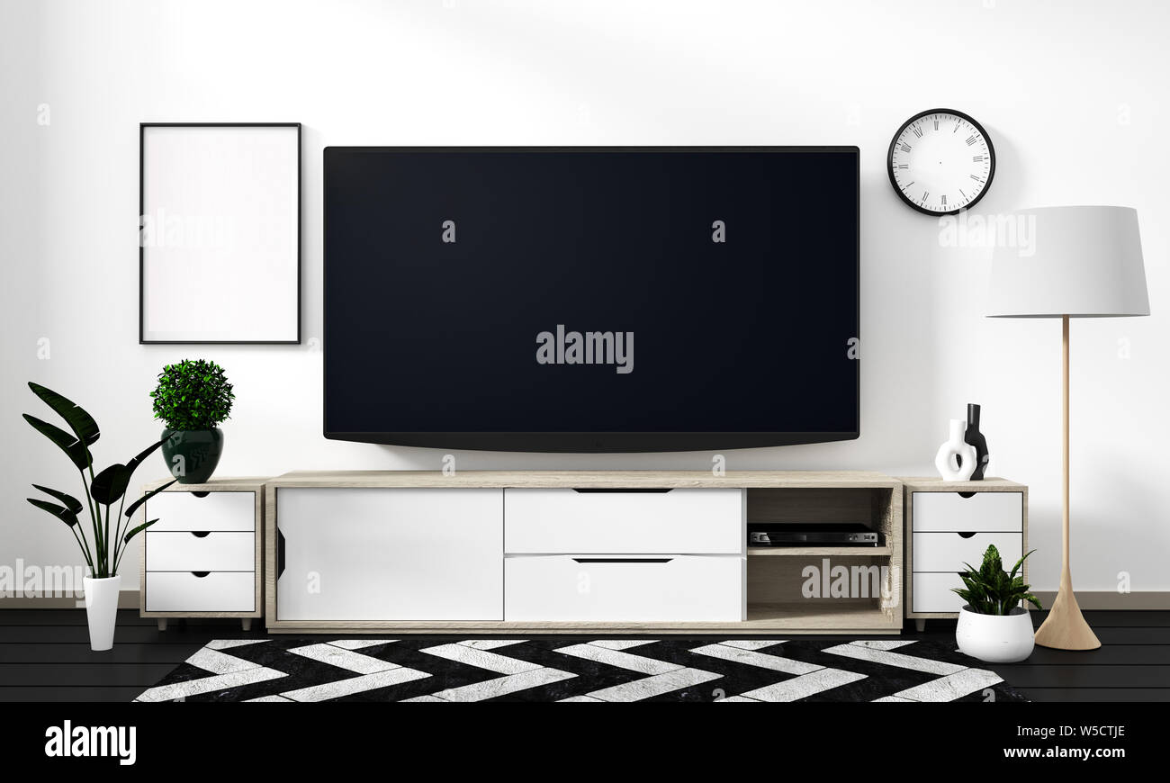 Muro Bianco su nero piano - mock up in camera smart tv sull'armadio design e decorazioni moderne in stile giapponese.il rendering 3D Foto Stock