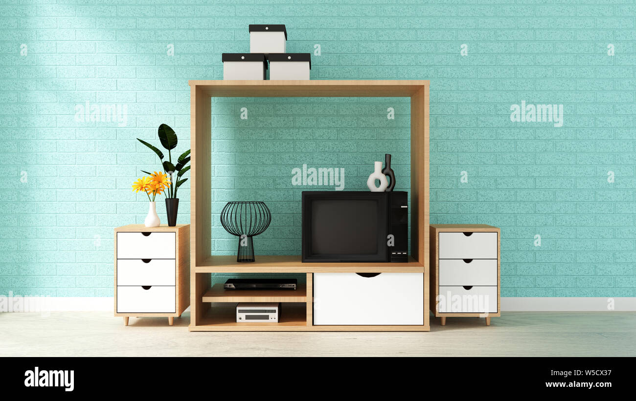 Cabinet, design moderno soggiorno con la menta e parete di mattoni su bianco con pavimento in legno. Il rendering 3D Foto Stock