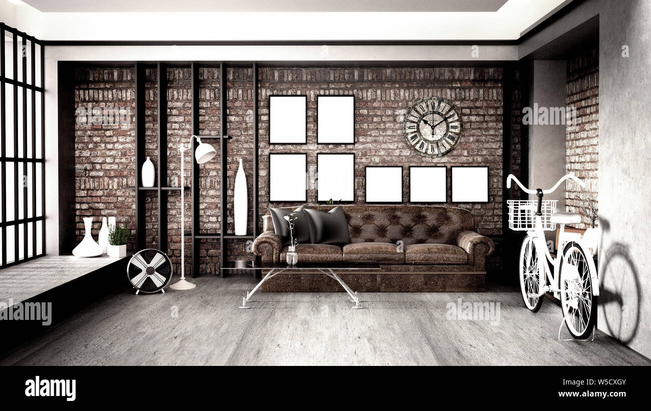 Moderno stile loft living interior design. Il rendering 3D Foto Stock