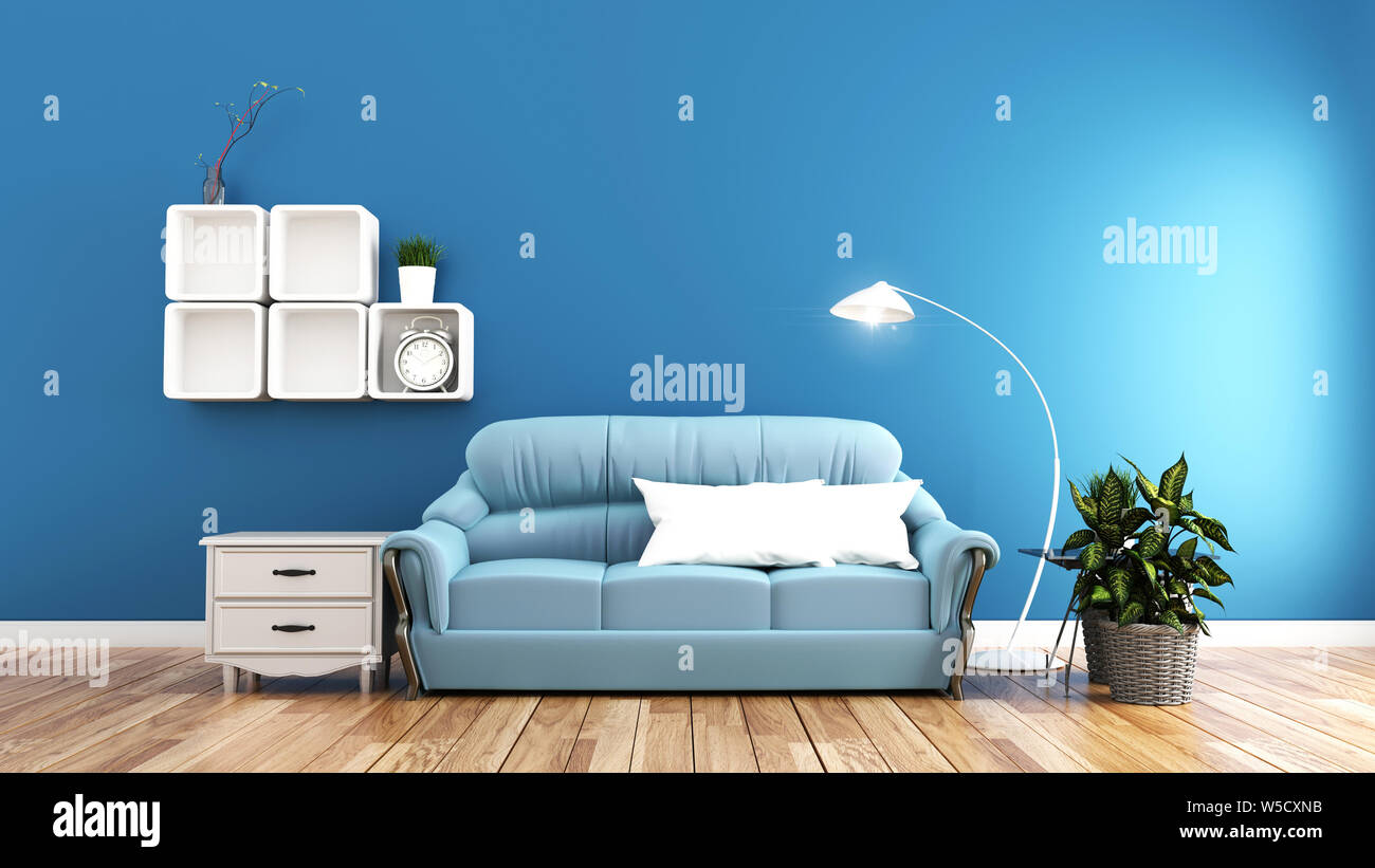 Design minimale, salotto interno con divano piante e la lampada sul muro blu sullo sfondo. Il rendering 3D Foto Stock