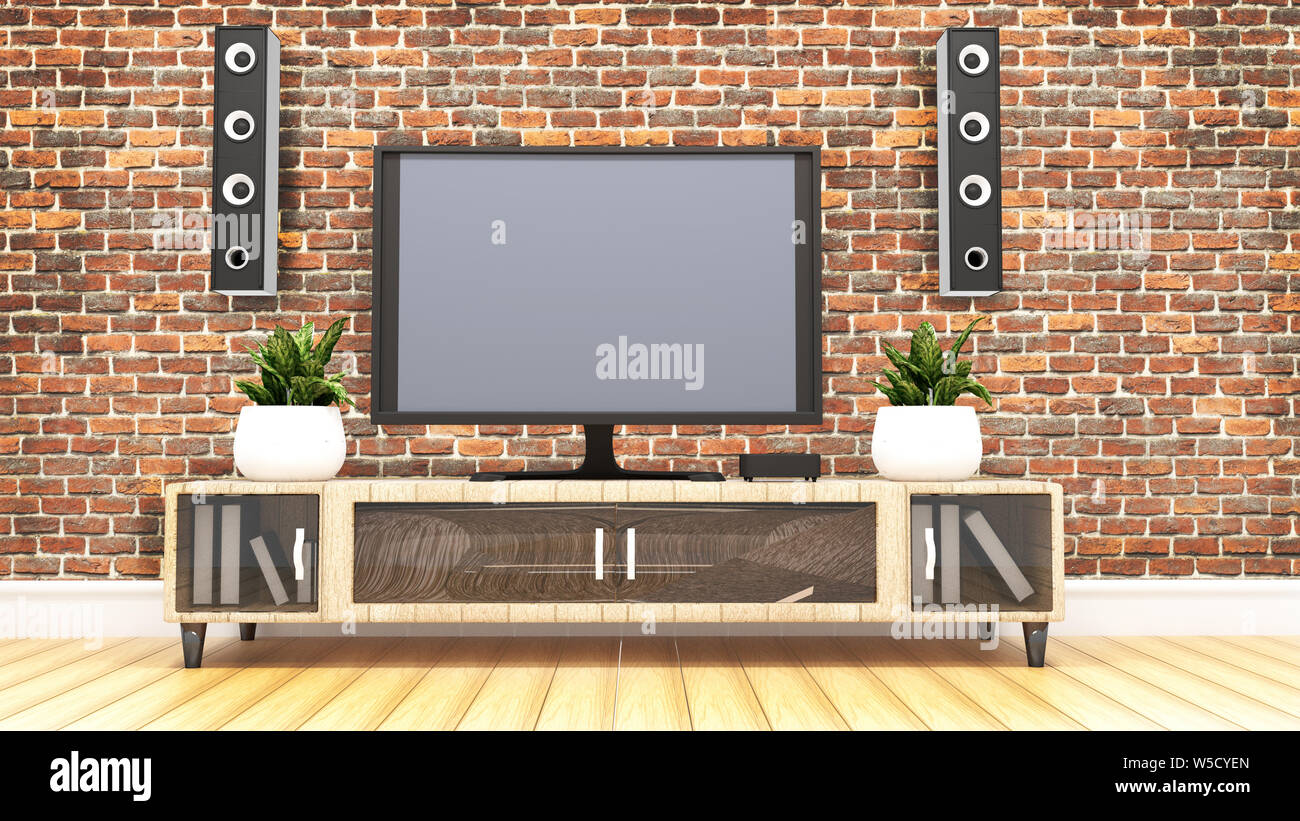 Sala Tv con parete loft sfondo. Il rendering 3D Foto Stock