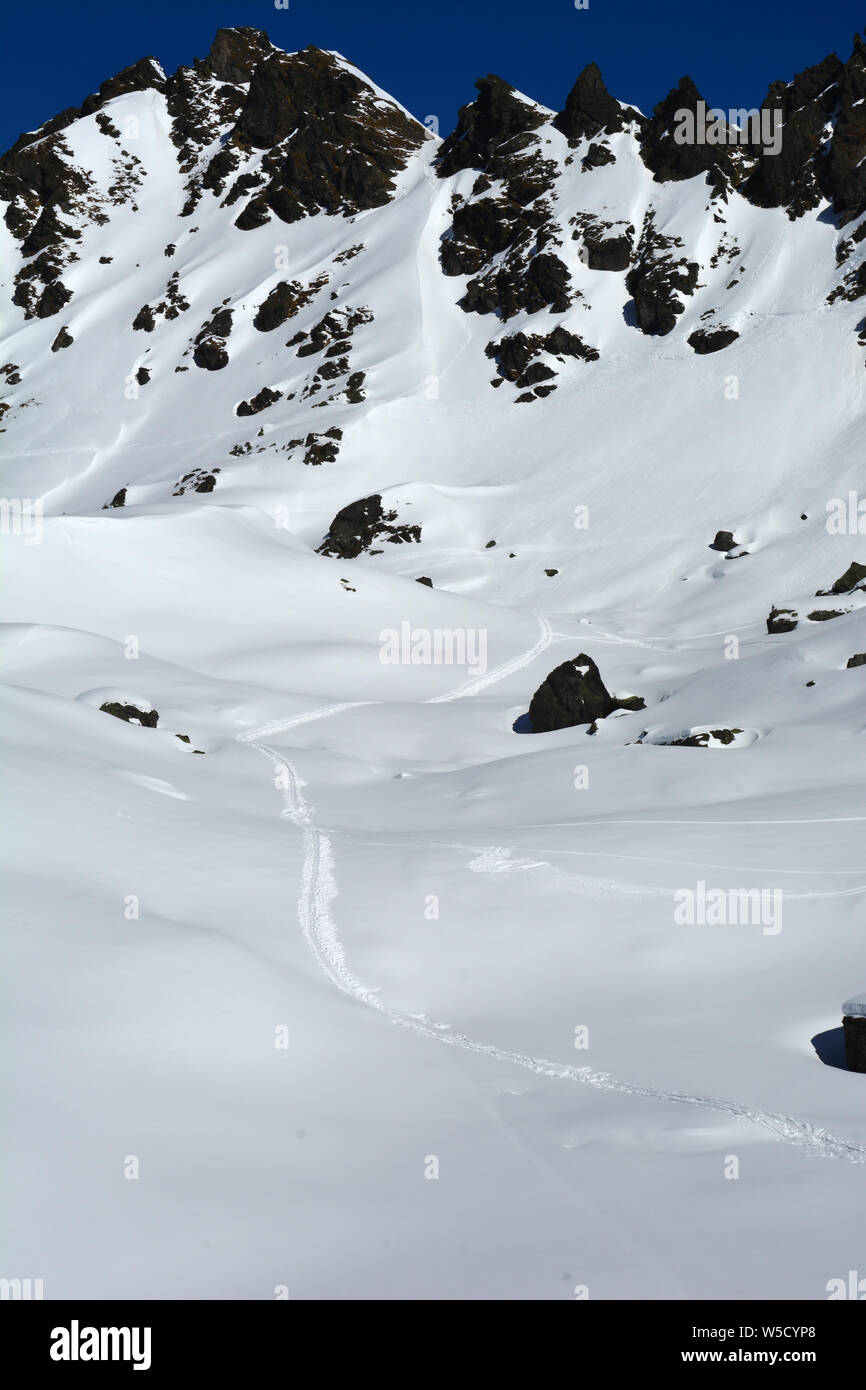 Piste da sci a croce la neve fresca in un paradiso per lo sci deserto Foto Stock