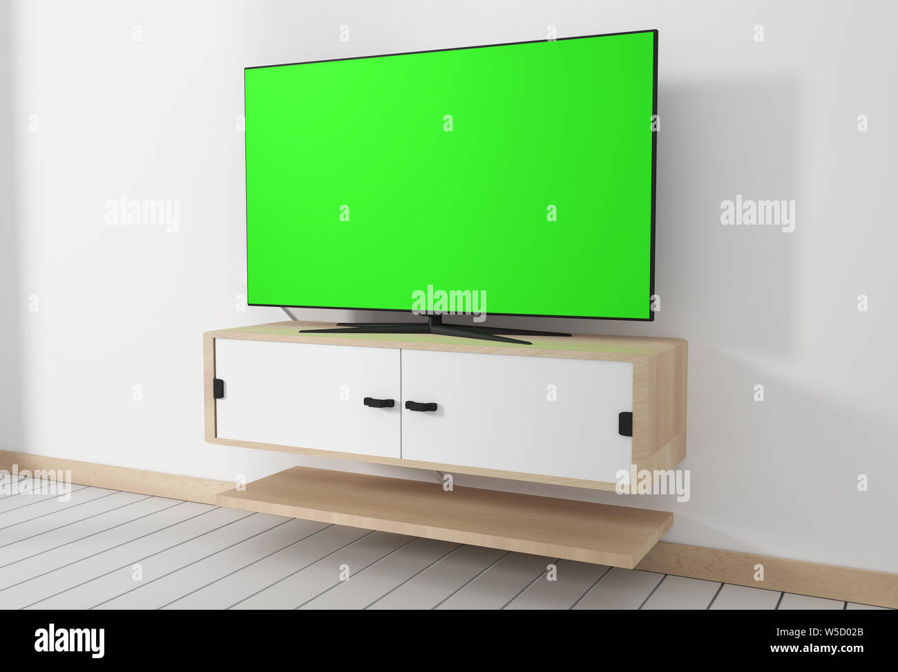 Smart Tv Mockup con vuoto schermo verde appeso in bianca e moderna stanza vuota interior design minimale. Il rendering 3D Foto Stock
