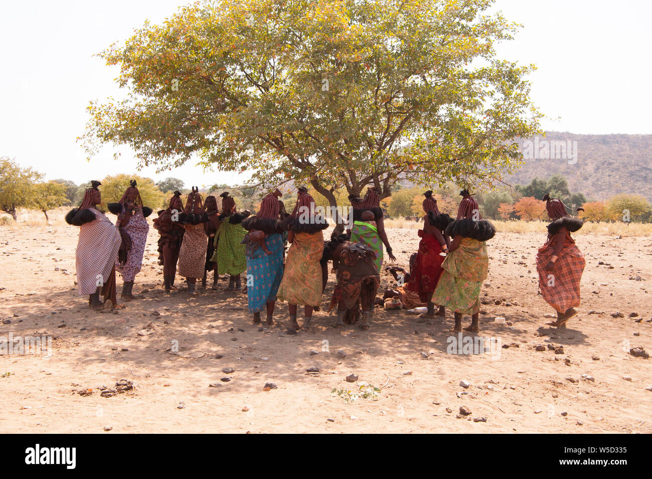 Himba tribeswomen a un funerale raccolta, Kaokoland, Namibia Foto Stock