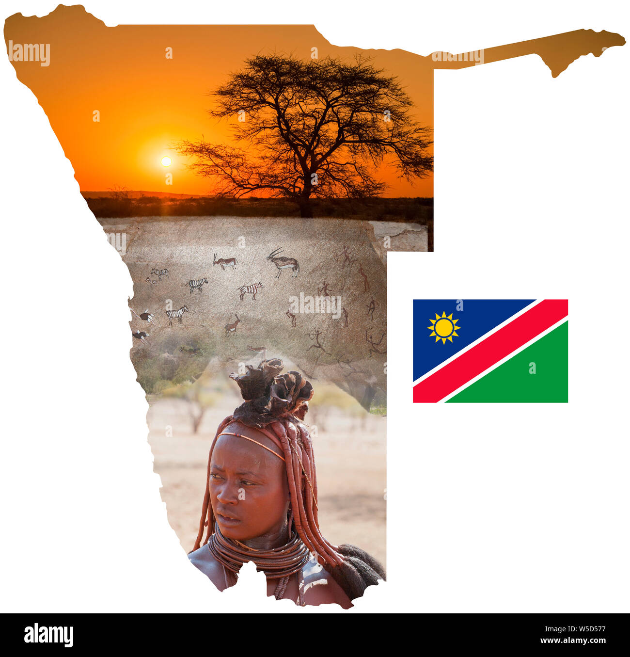 Migliorate digitalmente immagine di una Mappa di Namibia collage con immagini locali di fauna selvatica, persone scenari ed una bandiera Foto Stock