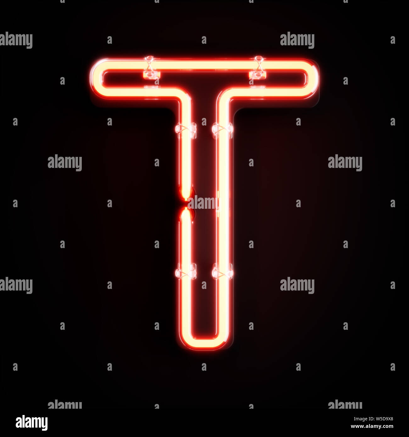 Luce al neon alfabeto carattere font T. Tubo al neon lettere effetto bagliore su sfondo arancione. Il rendering 3D Foto Stock