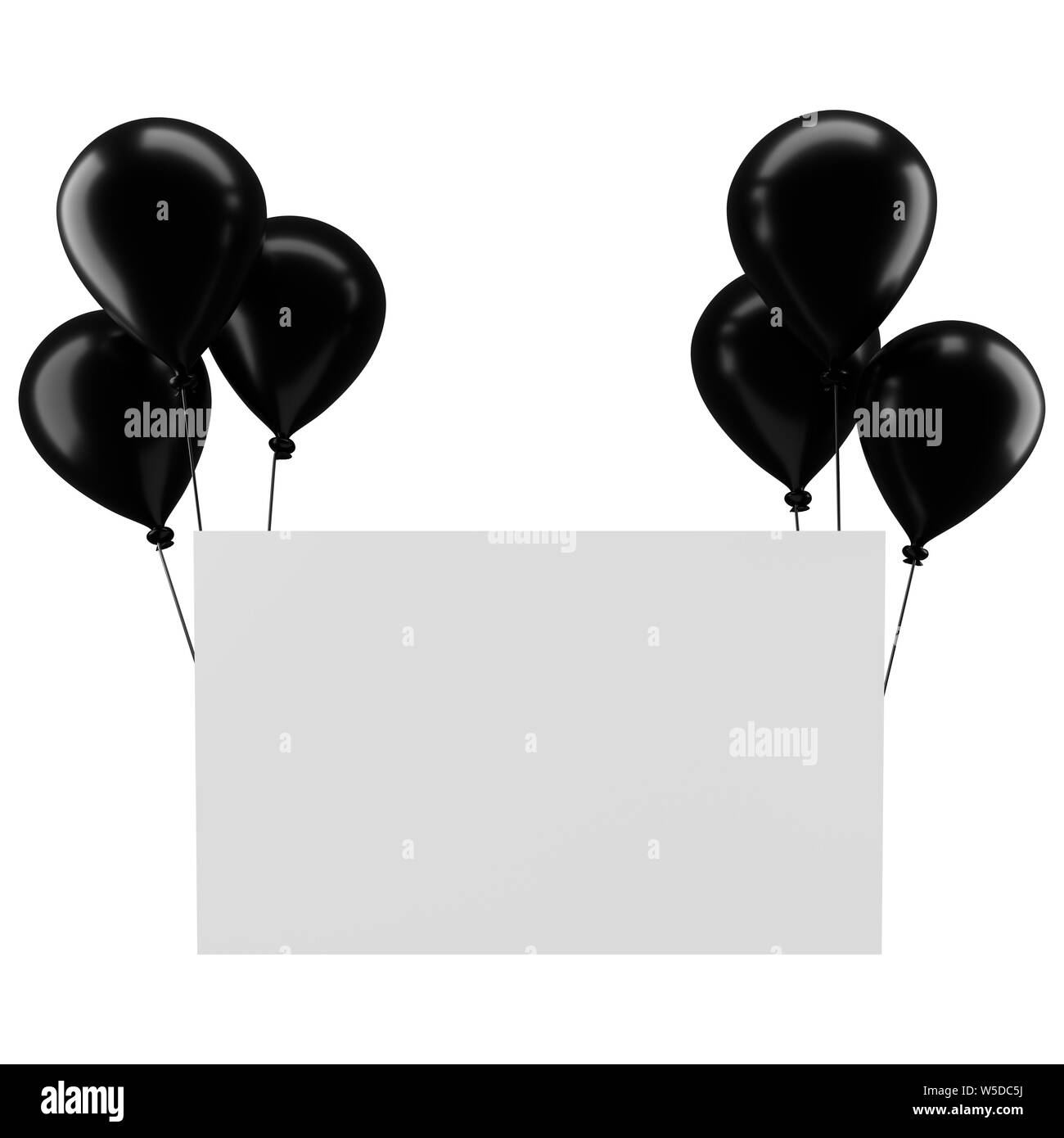 Palloncini neri con una carta vergine o lo spazio per la tua immagine 3D rendering su sfondo bianco Foto Stock
