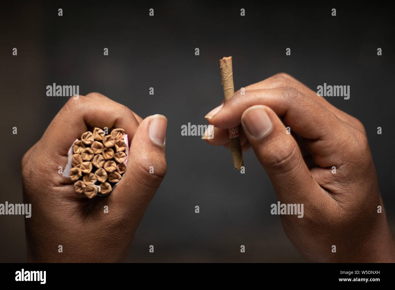 Il beedi è un sottile sigaretta indiano riempito con scaglie di tabacco e avvolto in una Bauhinia racemosa foglia e legato con una stringa in corrispondenza di una estremità. Foto Stock