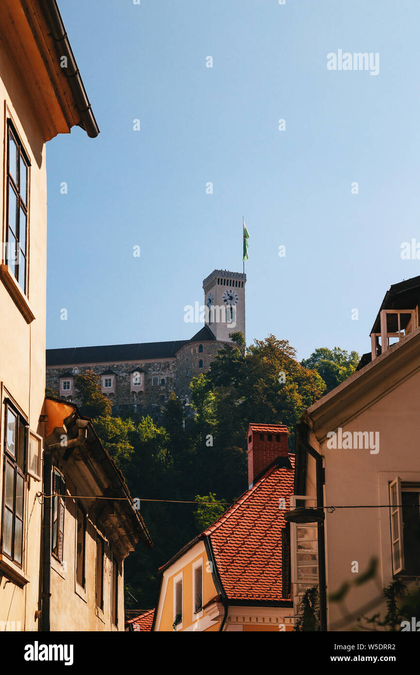 Una vista sul castello di Ljubljana torre di una splendida e tranquilla strada stretta con orange tetti di tegole senza persone nel vecchio centro di Lubiana, Slovenia. Foto Stock