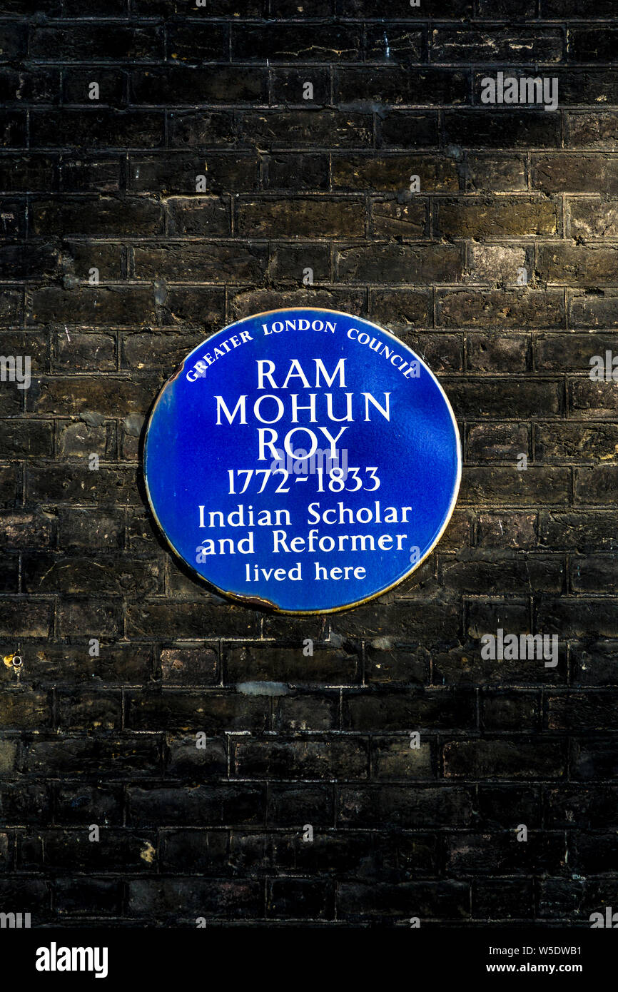 Targa blu per Ram Mohun Roy studioso indiano e riformatore, London, Regno Unito Foto Stock