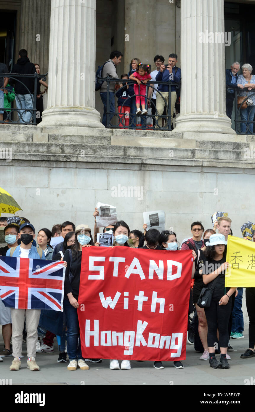 Londra, Regno Unito. Il 28 luglio 2019. Protesta in Trafalgar Square a supporto con Hong Kong in proteste contro la legge in materia di estradizione. Foto Stock