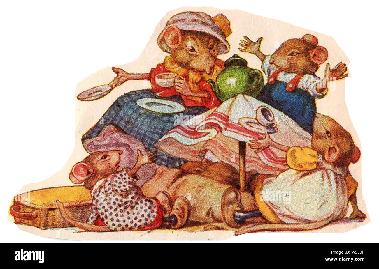 1920S UK cartoon di un mouse famiglia avente il tè del pomeriggio Foto Stock