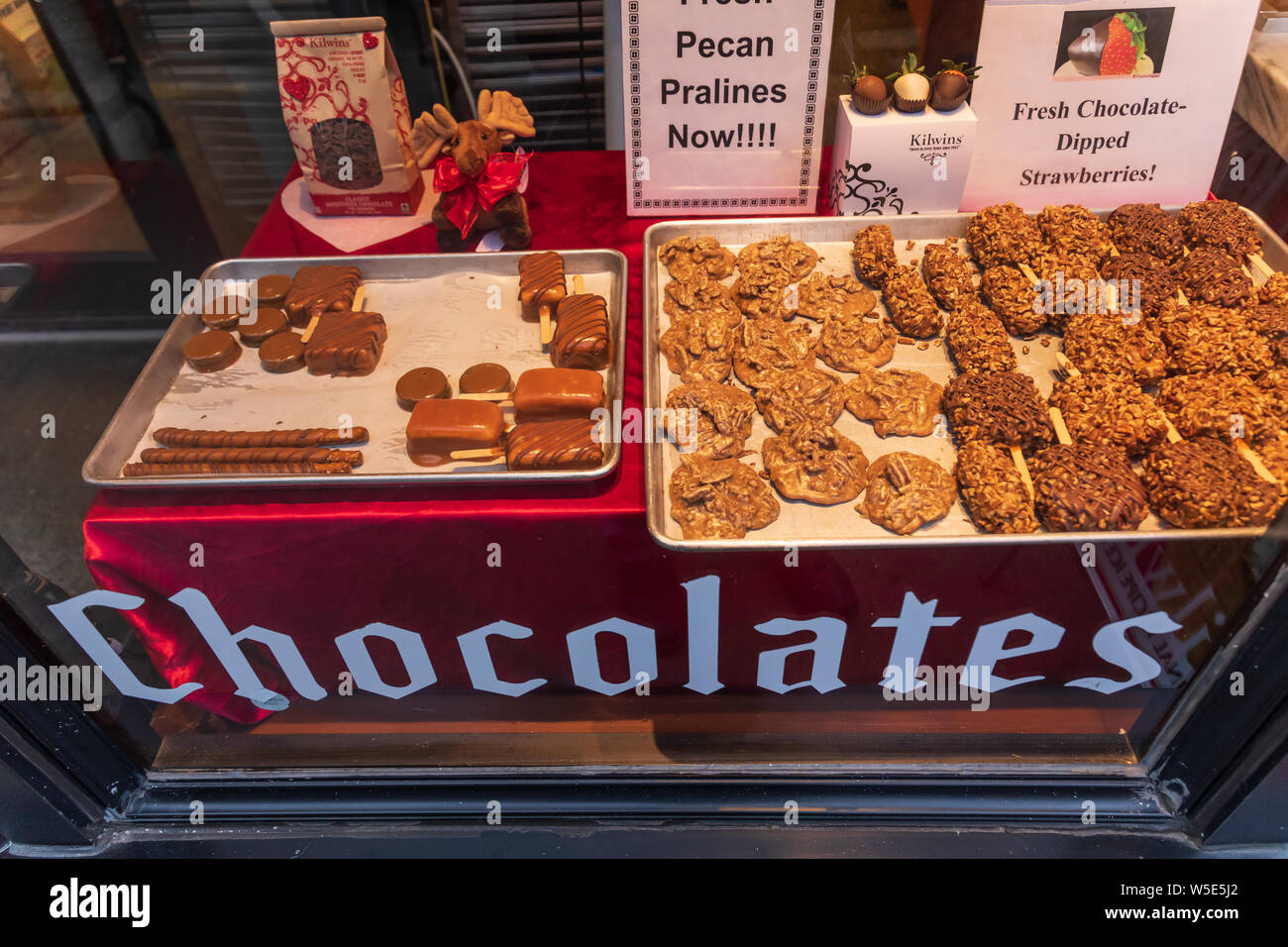 ASHEVILLE, NC, Stati Uniti d'America-16 FEB 2019: Kilwins", una specialità negozio di cioccolato in Asheville, visualizzazione di merci in una vetrina di un negozio. Foto Stock