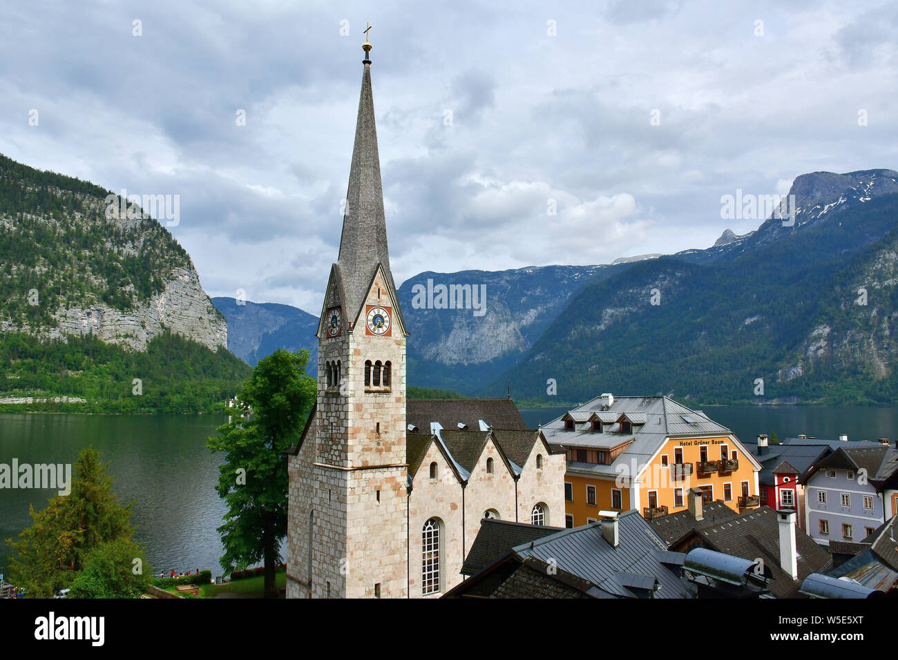 Chiesa evangelica, Hallstatt, Austria, Europa Foto Stock