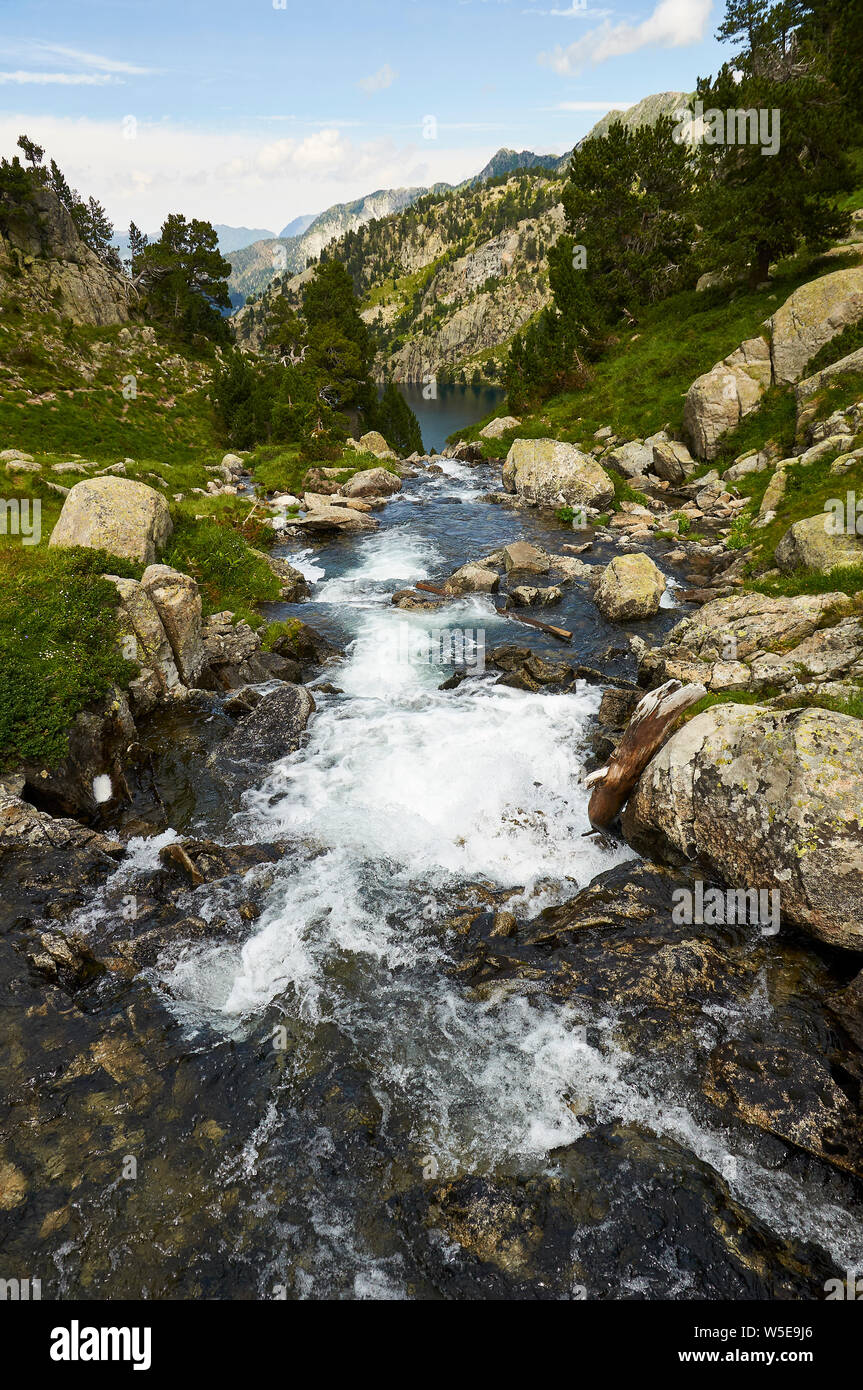 Flusso e cascate di Aigüestortes i Estany de Sant Maurici National Park (Valle de Arán, Lleida, Pirenei, Catalogna, Spagna) Foto Stock