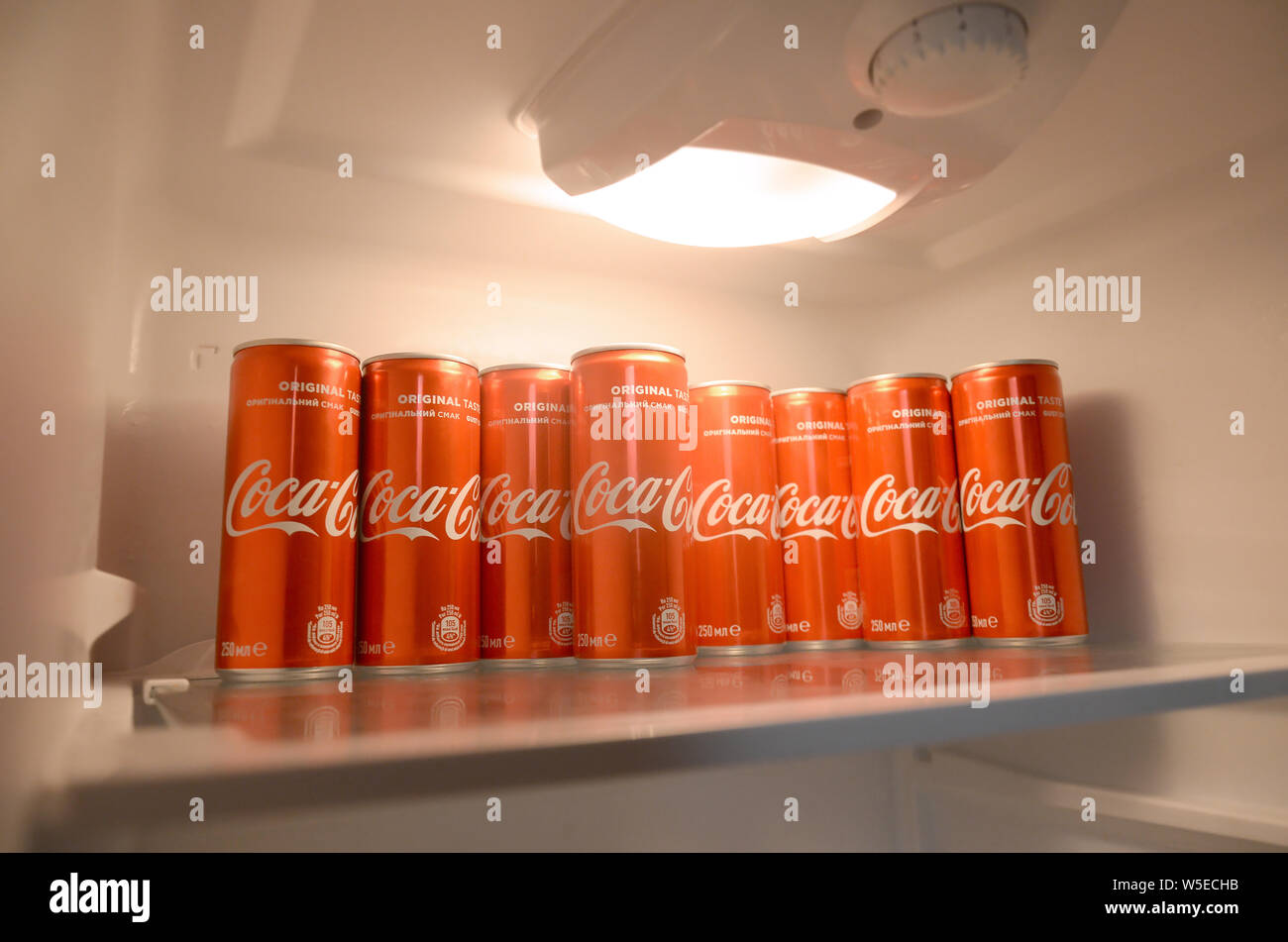 KHARKIV, Ucraina - 15 luglio 2019: Coca-cola red lattine di bevande all'interno dello scambiatore di calore interno frigo. Coca cola è ben conosciuto e famoso in tutto il mondo di soda gassata non Foto Stock
