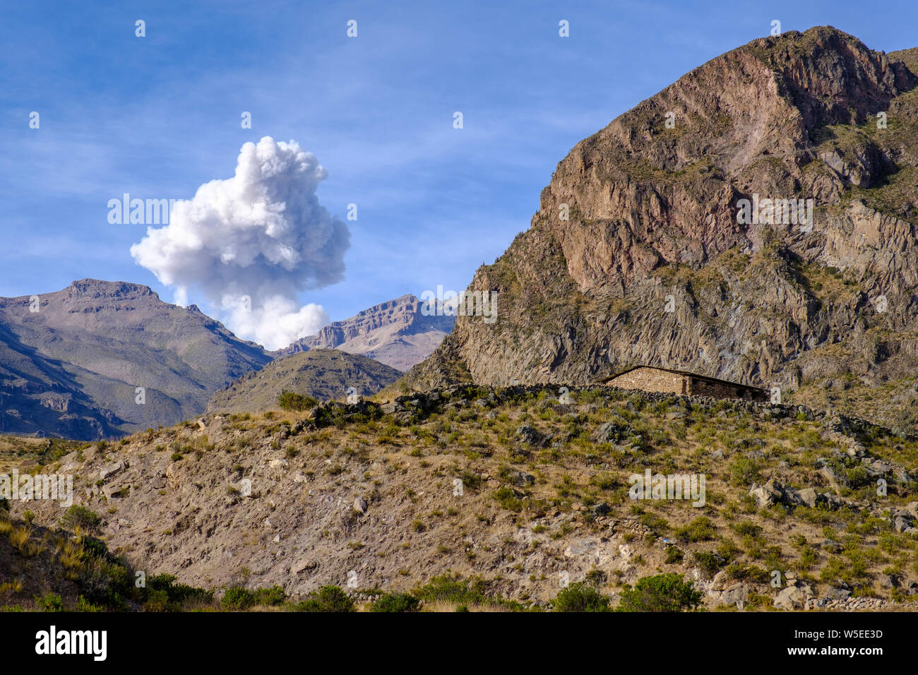Paesaggio andino, pennacchi, colonna eruttiva da Sabancaya, un vulcano attivo nell'Altiplano peruviano, Canyon di Colca, Perù Foto Stock