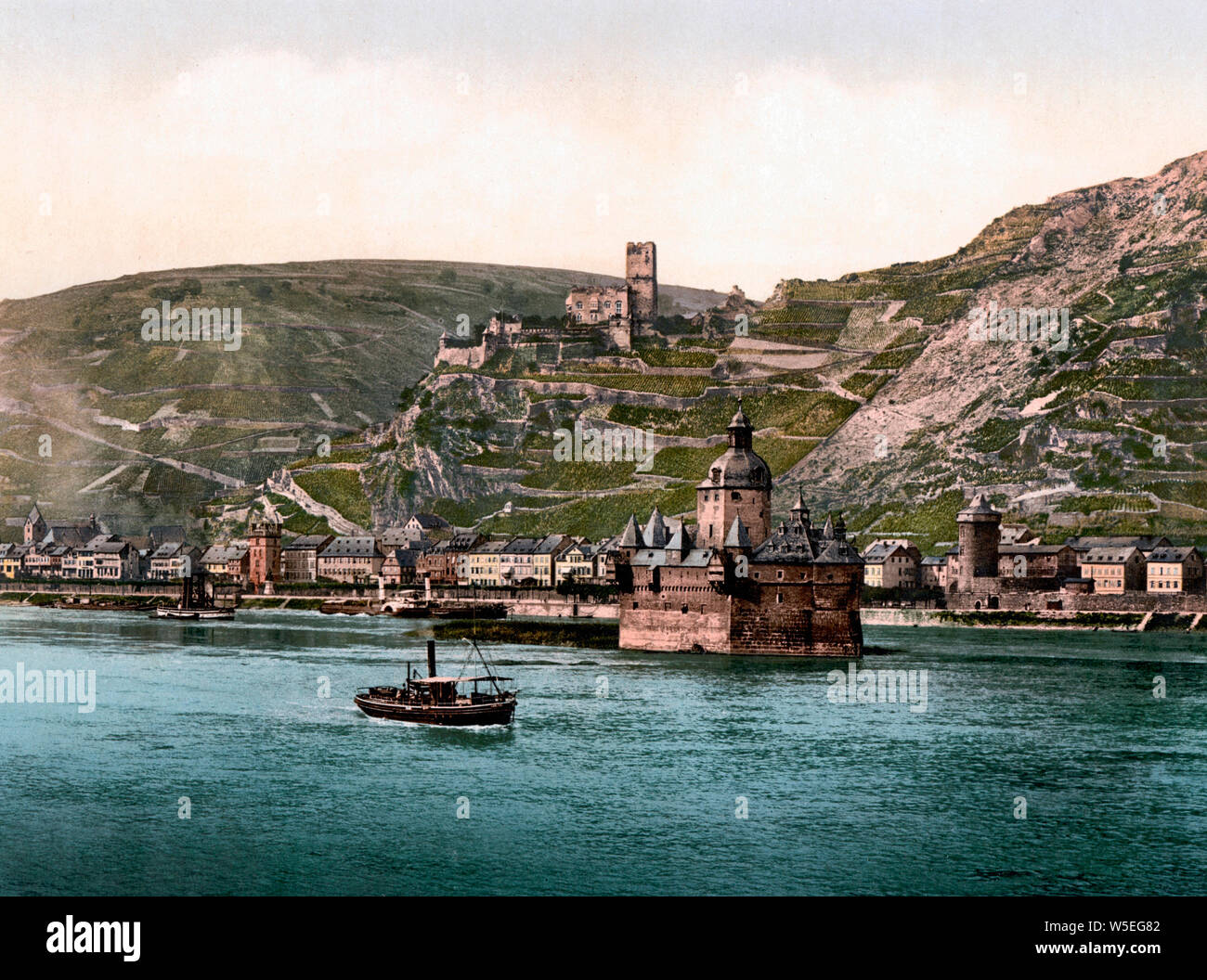 Caub e il Palatinato del Reno intorno al 1900 - Burg Pfalzgrafenstein con Burg Gutenfels in background, circa 1900 Foto Stock